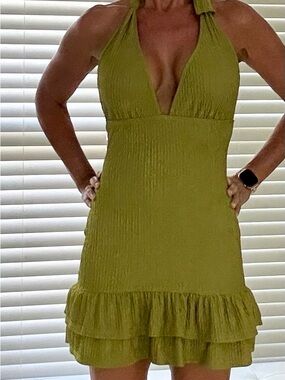 Tiered Ruffle Mini Dress in Olive Green - Women